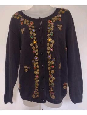 Vintage Trimmings Ramie Cotton Beaded Cardigan Sweater M Black Embellished